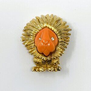 Boucher Lion Coral Color Lucite Head Gold Tone Brooch